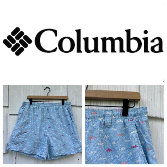 Columbia PFG Mens Swim Trunks Blue Marlin‎ Print Elastic Waist Pockets Size L - Picture 1 of 9